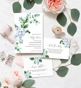 Baby Shower Invitation Book Request and Diaper Raffle Ticket - Blue Hydrangea Boy Baby Shower Invite - Gender Neutral - Ferras Blossom - Etsy