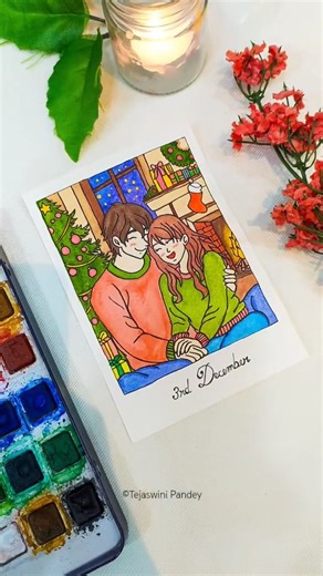 Cozy Christmas Polaroid Painting 🎄#watercolor #christmaspainting #couplepainting #cozywinternights
