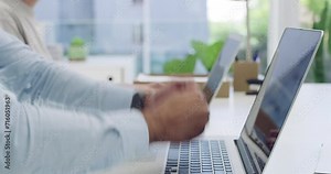 Angry businessman, hands and hitting laptop in debt, loss or failure on office desk. Closeup of man typing computer in anger management, mistake or destruction of equipment on table at workplace Stock Video