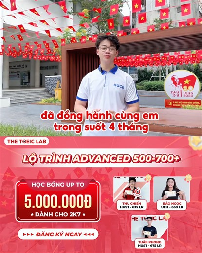 "TRÁI NGỌT" TỪ LỘ TRÌNH TOEIC 4 KỸ NĂNG TẠI THE TOEIC LAB! NGUYỄN KHÁNH THI ĐẠT 900 NGHE ĐỌC VÀ 340 NÓI VIẾT! The TOEIC Lab chúc mừng Hoàng Nguyễn Khánh – sinh viên năm 2 Đại học Xây dựng Hà Nội (HUCE), đã hoàn thành xuất sắc lộ trình Combo 4 kỹ năng với điểm số cực ấn tượng: ✨900/990 TOEIC Nghe - Đọc ✨340/400 TOEIC Nói - Viết Một con số "biết nói", khẳng định sự nỗ lực không ngừng nghỉ của chàng sinh viên Xây dựng và hiệu quả của lộ trình học "đo ni đóng giày" cho cả 4 kỹ năng tại The TOEIC Lab