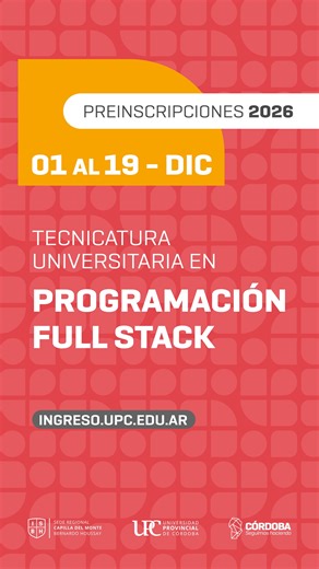 🔥 ESTUDIÁ LO QUE TE APASIONA 🧑🏽‍💻 Tecnicatura Universitaria en Programación Full Stack Si te interesa la programación, los datos y las tecnologías que mueven el mundo, esta carrera es para vos. En 3 años, vas a formarte para convertirte en un desarrollador/a capaz de trabajar de punta a punta en un proyecto: 💻 Desarrollo Full Stack Front-end Back-end con frameworks, bases de datos y herramientas actuales. 🔐 Servidores y Seguridad Administración de entornos, buenas prácticas y desarrollo se