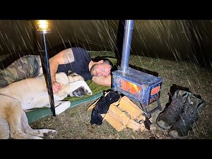 Hot Tent Camping in Heavy Rain All Day! - Caught in Rain With My Dog!