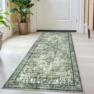 Suelur Runner Rugs 2x5 Green Runner for Hallways Non-Slip Washable Kitchen Runner with Rubber Backing Soft Printed Distressed Medallion Floor Carpet Runner for Laundry Bedroom Entryway