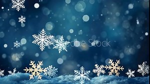 Snowflakes are falling on a snow covered surface with a dark blue background and bokeh. The image evokes a magical winter atmosphere