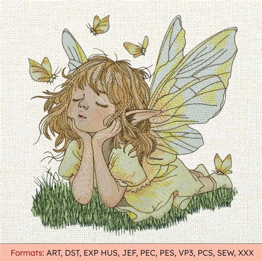 Sleeping Fairy Machine Embroidery Design Butterflies With Fairy Embroidery Pattern Fairy in Garden Embroidery File Instant Download PES DST - Etsy