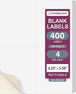NextDayLabels – 4-1/4" x 5-1/2" Rectangular Sticker Labels for Printer - White Laser/Inkjet Printer Labels Return Address Labels Shipping Label Stickers (100 Sheets, 4 Per Sheet, 400 Labels)