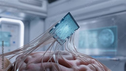 Delicate neural tendrils from a brain connecting to a glowing microchip and transmitting data pulses in a sterile lab concept of brain-computer interface and neurotechnology