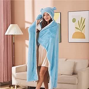 NTBED Wearable Blanket Hoodie with Ear Faux Fur Fluffy Fuzzy Fleece Poncho Blanket Sherpa Soft Furry Hooded Throw Cloak for Girls Kids(Acid Blue)