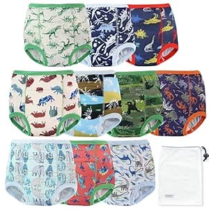 EZ Moms 10 Packs Reusable Potty Training Underwear for Boys Double Absorption Toddler Training Pants 2T-3T High Waist Dinosaur Toddler Underwear Boys 2T Kid Confident Pee Pants with a Laundry Bag