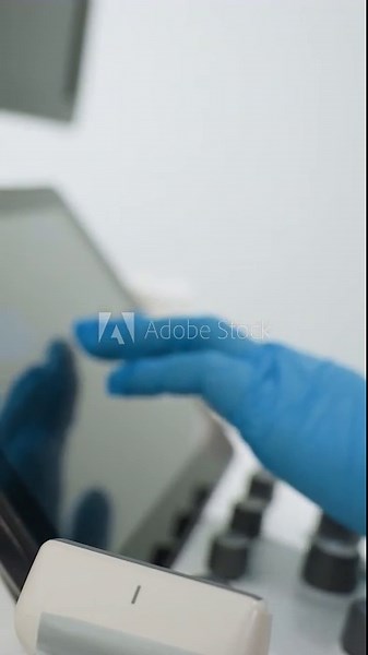 ultrasound console touchscreen operated by gloved technician, closeup of monitor and controls as sonographer adjusts settings and modes for optimal image capture in clinical imaging suite