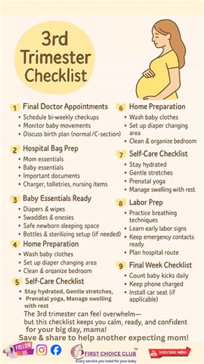 First Choice Club on Instagram: "“3rd trimester already, mama? 🤰💛 Here’s your simple checklist to stay prepared, organised & calm as you enter the final stretch! Save this — you’ll need it every week ✨” ⸻ The 3rd trimester (Weeks 28–40) is when your body prepares for labor and your baby grows the fastest. Having a clear checklist helps you stay organised and reduces stress before the big day. Here’s your Ultimate 3rd Trimester Checklist: ⸻ 💛 1. Final Doctor Appointments ✔️ Schedule bi-weekly 