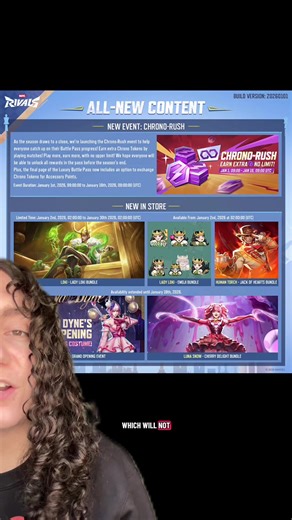 PATCH NOTES FOR TOMORROW! NEW YEARS EVE PARTY, NEW SKINS & CHRONO TOKEN EVENT! marvel rivals update patch notes nye party celebration event skin skins costume bundle shop lady loki human torch f4 emote emoji #marvelrivals #loveisabattlefield #ladyloki #humantorch #rivalsnews