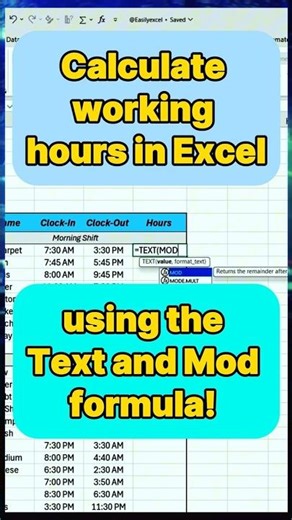 How to calculate working hours in Excel using this Text and Mod formula! #excel #spreadsheet