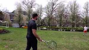 Its not easy to whack high flies!! But with a tennis racket it helps you get some air. Coaches, parens hit great fly balls on the field, at home, or in the yard . Check out more at home drills like this at www.dominatethediamond.com | Dominate The Diamond