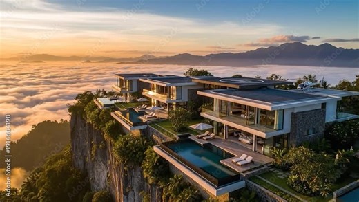 Luxurious modern villa with infinity pools on a mountain edge, overlooking a sea of clouds at sunrise or sunset, evoking grandeur and tranquility.