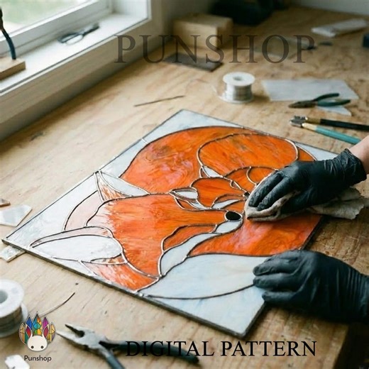 PUN748 Stained Glass Fox Design Pattern, Sleeping Fox Family Panel Template for Glass Art - Etsy