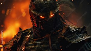 Evil knight wearing black armor with flaming eyes and burning fire, background video loop