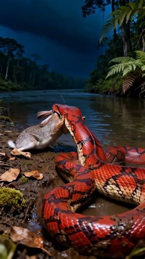 번개가 치고! 쓰촨 강가에서 거대 혈소룡이 새끼 토끼 사냥 Lightning Strikes! Giant Blood Python Hunts Baby Hare in Sichuan