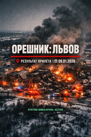 🚀 #ОРЕШНИК: УДАР 13,000 КМ/Ч! #ЛЬВОВ ПОД ОГНЕМ — ЕСТЬ ПОГИБШИЕ ❗ РЕЗУЛЬТАТ ПРИЛЁТА 💥 ✅ ФАКТ: В ночь на 9 января подтвержден удар гиперзвуковой ракетой «Орешник» по объекту критической инфраструктуры во Львовской области. Скорость цели составила 13,000 км/ч. 📍 ПОСЛЕДСТВИЯ: Поврежден технический ангар и узлы распределения газа. Ударная волна выбила окна в близлежащем поселке Рудно, где сработала защитная автоматика, отключив от снабжения 370 домов. 🚑 ЖЕРТВЫ: На текущий момент в области подтвер