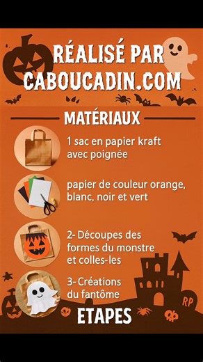 🎃 DIY Halloween : Créez des sacs à bonbons rigolos et effrayants pour la chasse aux friandises ! 👻🍬Envie d’une activité manuelle amusante pour préparer Halloween avec vos enfants ? Voici une super idée créative proposée par CABOUCADIN.COM : personnaliser des sacs en papier pour en faire des sacs à bonbons originaux !✨ Chaque sac devient un personnage d’Halloween : • Une citrouille Jack-o’-lantern 🎃 • Un monstre de Frankenstein 🧟‍♂️ • Un fantôme trop mignon 👻 • Un sac décoré de chauves-sour