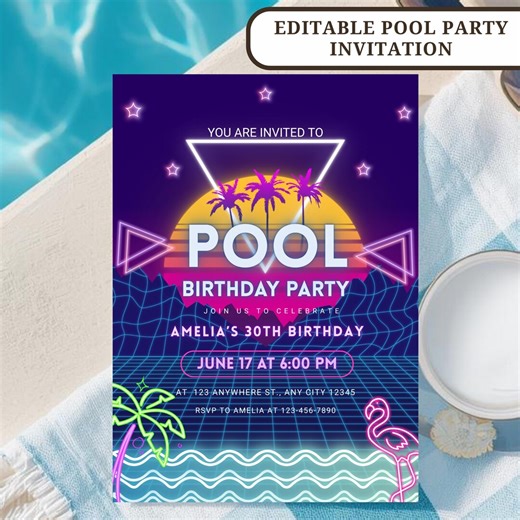 Editable Neon Pool Party Birthday Invitation Retro Pool Birthday Invite for Adult, Summer Pool Party Invite Neon Birthday Canva Template - Etsy