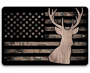 Metal Sign - Camo Flag Hunting - Durable Metal Sign for Home, Cabin, Man Cave, Garage and Hunting Lodge, Rustic Decor and Gift for American Outdoor Hunters, 12x18 Indoor/Outdoor Durable Metal Sign