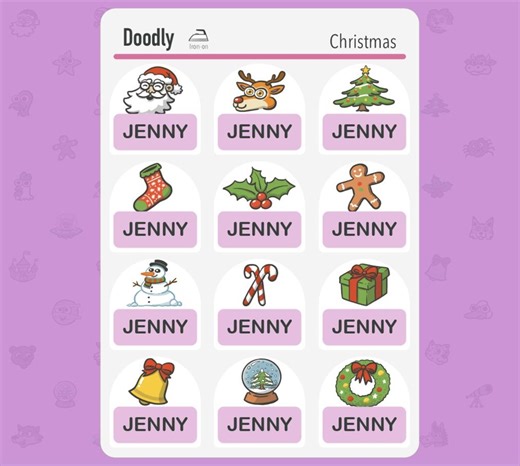 Iron-on Fabric Labels - 48 Personalized Iron on Clothing Labels - Laundry Safe Clothing Labels for Kids - Christmas theme