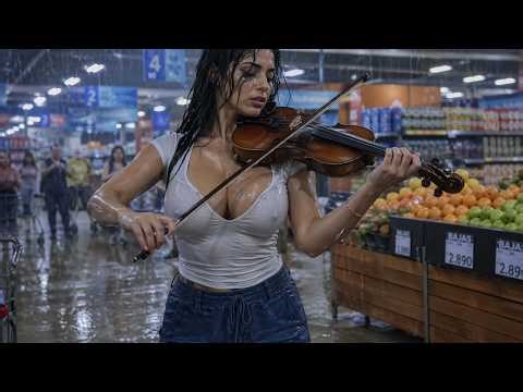 A harp melody is played amidst a supermarket flood disaster.