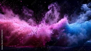 Colorful powder explosion frozen in motion against black backdrop showcasing energy. Concept Powder Explosion Photography, High-Energy Shots, Vibrant Colors, Dynamic Movement, Black Background