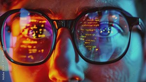 A close-up shot of a coder's glasses reflecting lines of computer code. The vibrant colors and glowing code on the screen highlight the focus and precision involved in programming and technology.