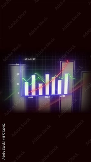 High-tech multi-year bar and line graph with rising trend and data points vertical video. Animated multi-year bar and line chart showing growth with data overlays vertical video.