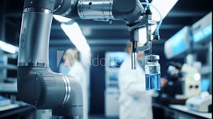 Robotic Arm Precisely Handling Vial of Liquid in a Sterile Lab Setting