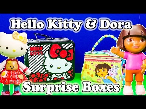 Opening the Dora the Explore and Hello Kitty Surprise Lunch Boxes and Toys
