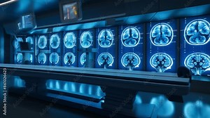 Advanced medical imaging technology features a series of brain MRI scans for neurological and diagnostic research in a clinical setting