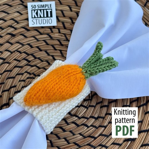 Carrot Napkin Ring Knitting Pattern, Simple Easter Table Decor, Knitted Easter Carrot, DIY Spring Napkin Fold Ideas, Farmhouse Knit Carrots