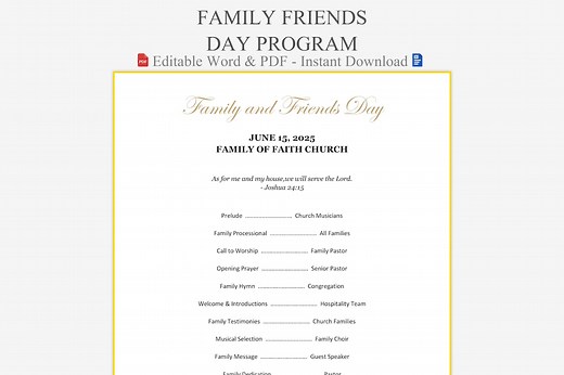 Family Friends Day Program Template - Congregational Fellowship Sample | Church Programs | Celebration for Church Relationships - Etsy