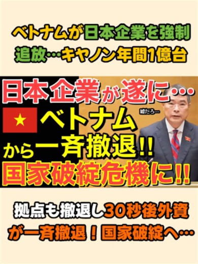 ベトナムが日本企業を強制追放…キヤノン年間1億台拠点も撤退し30秒後外資が一斉撤退！国家破綻へ… #日本 #Japan #fyp #海外の反応