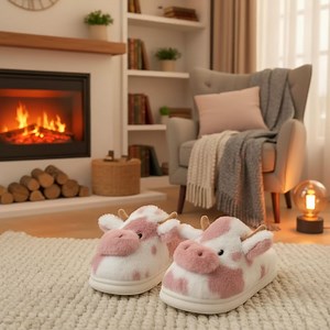 Cow Slippers, Plush Fluffy Cotton Shoes, Warm Indoor Slippers for Men Women, Cozy Thick Home Slides, Cute Animal Loafers - Etsy