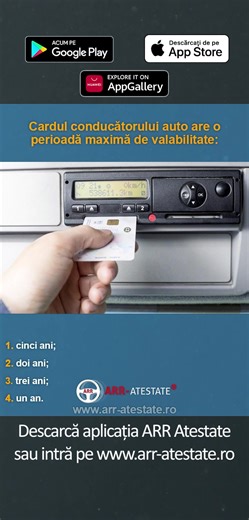 RASPUNSUL CORECT AICI -->> https://www.arr-atestate.ro/reglemantari-sociale/313/cardul-conducatorului-auto-are-o-perioada-maxima-de-valabilitate Cardul conducătorului auto are o perioadă maximă de valabilitate: | ARR-atestate.ro