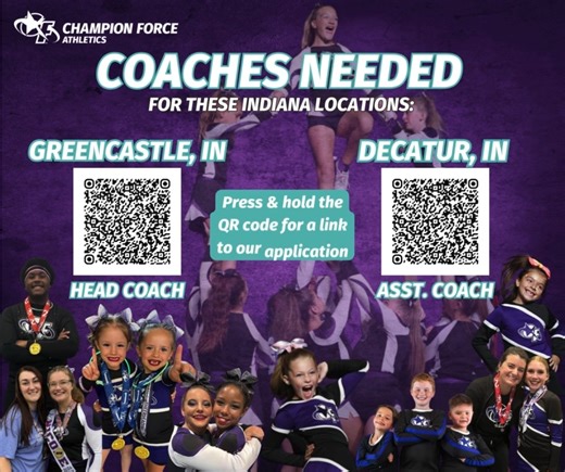 🎉📣 WE’RE HIRING — CFA INDIANA! 📣🎉 Are YOU ready to flip into a future full of SPIRIT, SMILES & SQUAD GOALS!? 🤸‍♀️✨ Champion Force Athletics Indiana is searching for AMAZING, PASSIONATE, and DEDICATED COACHES to join our incredible cheer family! 💜🖤 If you LOVE… ✨ Cheering kiddos on to greatness ✨ Teaching skills building confidence ✨ Creating unforgettable memories ✨ Being the spark that ignites a whole team… …then this is YOUR moment to SHINE!! 🌟 🙌 We’re looking to add to our coaching D