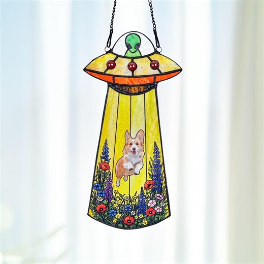 Custom Stained Glass Pet Portrait in UFO, Personalized Dog Cat Alien Spaceship Suncatcher, Pet Memorial Gift, Funny Alien Abduction Wall Art - Etsy