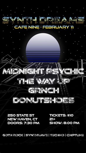 The Way Up on Instagram: "Join us on 2/11, where cold, dark nights meet warm synth waves in this night that marries Goth Rock, Synthwave, Techno, and Chiptune. @midnight.psychic Goth rock inspired by abandoned shopping malls, clown paintings and window blinds. @the_way_up_music A fresh take on all of the sounds you remember from the 80s and 90s. Whether it's Synthpop, New Wave, New Age, or a hint of Industrial, his music marries nostalgia and novelty, melancholy and hope, analog and digital. @gr