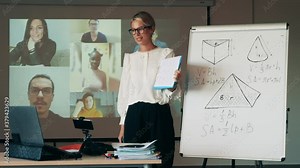 Online learning, online education, distance learning, distance education concept. Online geometry lesson conducted by a female teacher