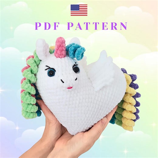 Plush Unicorn Crochet Pattern PDF, Heart Shaped Pillow With Pegasus Wings (english, French) - Etsy