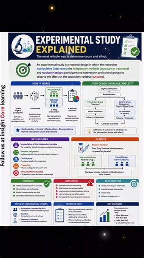 Experimental Study Explained 🧪 An experimental study is a research design where the researcher actively assigns an intervention or treatment to participants and compares outcomes with a control group. By controlling variables, experimental studies provide the strongest evidence for determining cause-and-effect relationships. 👉 For more Simplified research explanations FOLLOW US at insight core learning page. #ExperimentalStudy #ResearchMethods #ClinicalResearch #EvidenceBasedMedicine #Biostati