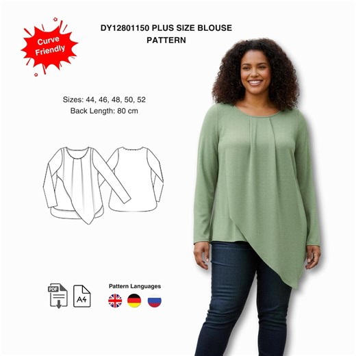 Plus Size Asymmetric Blouse Sewing Pattern PDF | Curve Friendly Tunic Top | Sizes 44–52 - Etsy