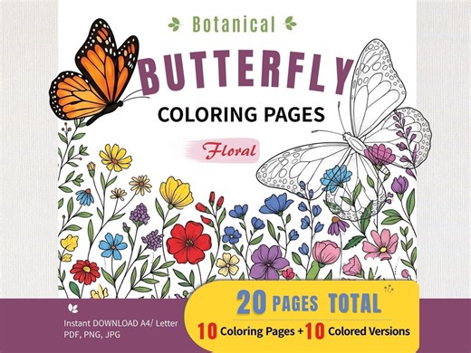 Butterfly Coloring Pages Printable, Botanical Floral Adult Coloring Book, Elegant Garden Designs, Instant Download - Etsy