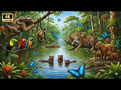 Relaxing Walk In The Amazon 4K: Sloth Hugs, River Otters & Jaguar Family (Ultra HD)