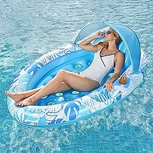 SLOOSH Pool Floats with Canopy - XL Oval Pool Raft Inflatable Float for Adults with Adjustable Sun Shade Cover, Swimming Pool Tanning Float Lounge Floating Mat Cup Holders, Removable Backrest