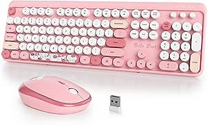 Typewriter Wireless Keyboard and Mouse Combo,2.4G Office 104 Keys Full Size Retro Punk Keyboard,Cute Pink Keyboard with Round Keycaps for Laptop PC Desktops(Bear Pink)